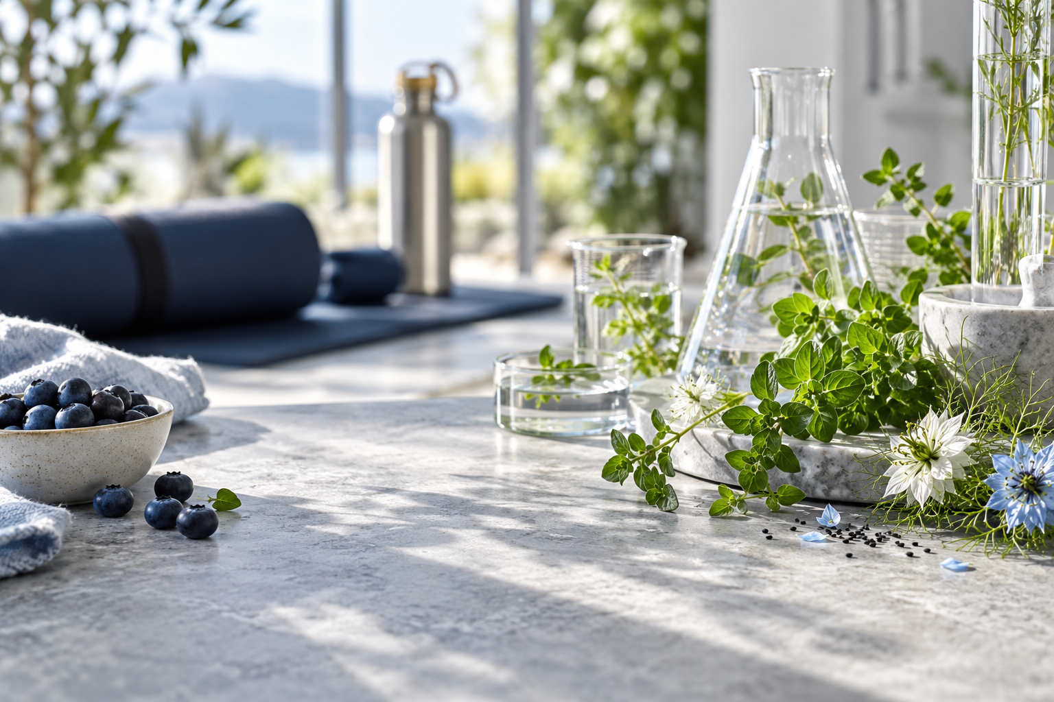 Illustrative everyday wellness setup with botanical ingredients and training accessories