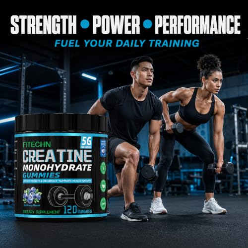 FITECHN creatine gummies with a strength-training scene